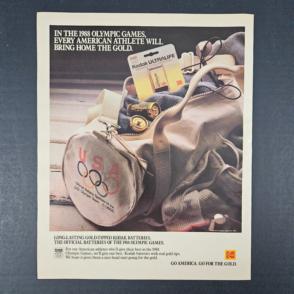 1987 Kodak Ultralife Batteries 1988 Olympic Games Vintage Print Ad Sports Bag‎